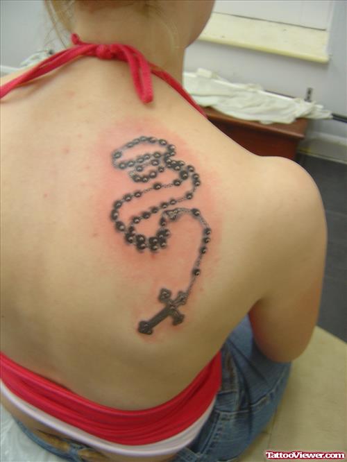 Rosary Cross Tattoo On Right Back Shoulder