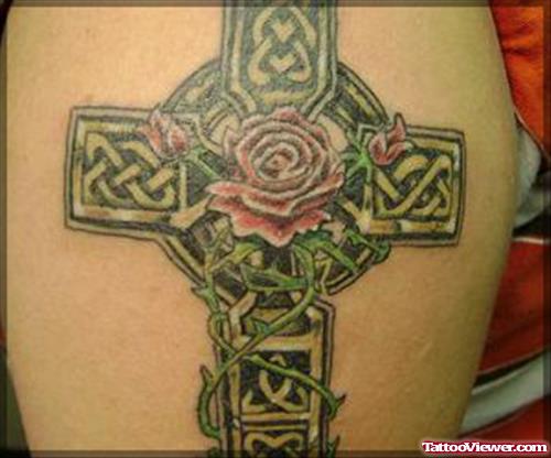 Rose Flower On Celtic Cross Tattoo