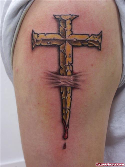 Ripped 3D Cross Tattoo On Shoulder