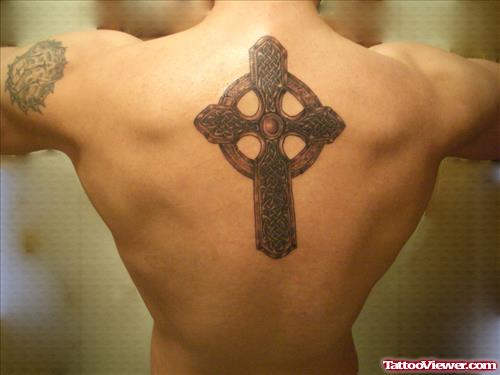Large Celtic Cross Tattoo On Upperback