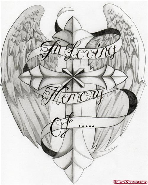 In Loving Memory Of angel Winged Cross Tattoo Design