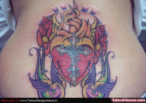 Colored Heart With Cross And Flying Birds Tattoo
