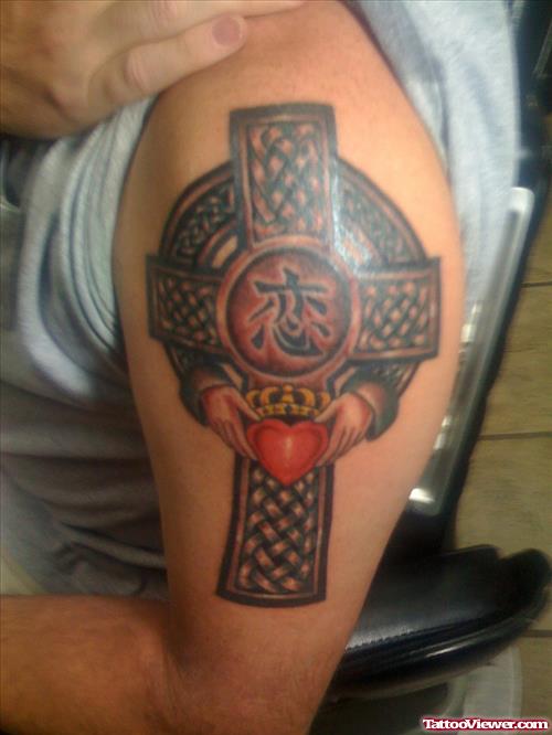 Cletic Cross Claddagh Tattoo On Left Shoulder