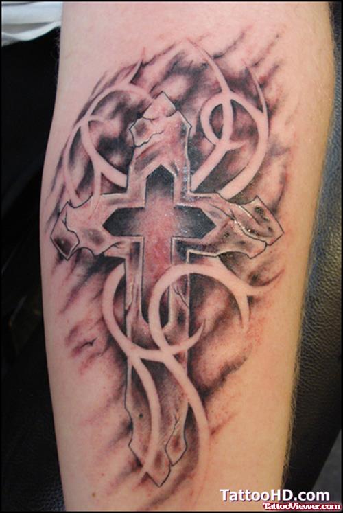 Awesome Grey Ink Cross Tattoo