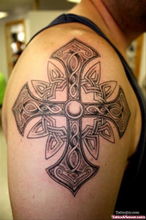 Awesome Grey Ink Celtic Cross Tattoo On Man Right Shoulder