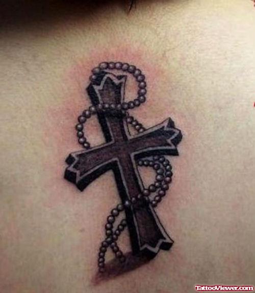 amazing Grey Ink Rosary Cross Tattoo