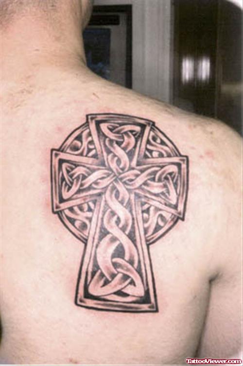 Amazing Grey Ink Celtic Cross Tattoo On Right Back Shoulder