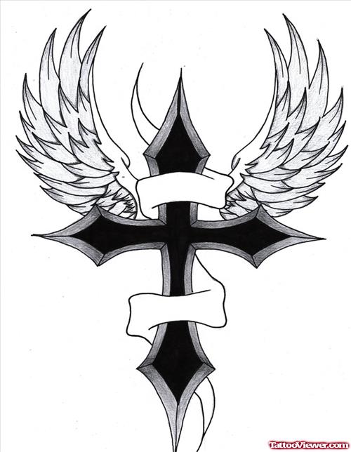 Winged Cross With Banner Tattoo Design