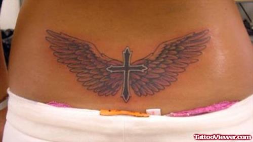Winged Cross Tattoo On Lowerback