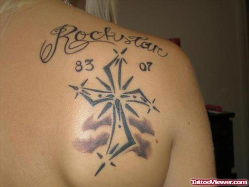 Rockstar Cross Tattoo On Right Back Shoulder