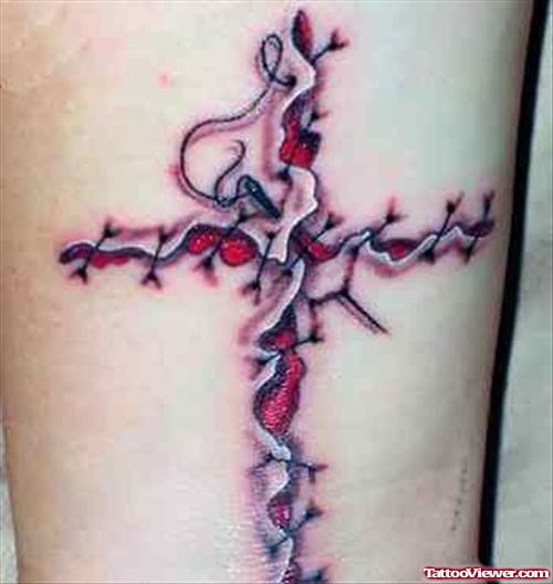 Ripped Skin Stitced Cross Tattoo