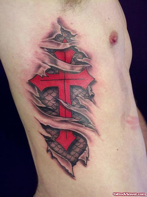 Ripped Skin Red Cross 3D Tattoo For Men