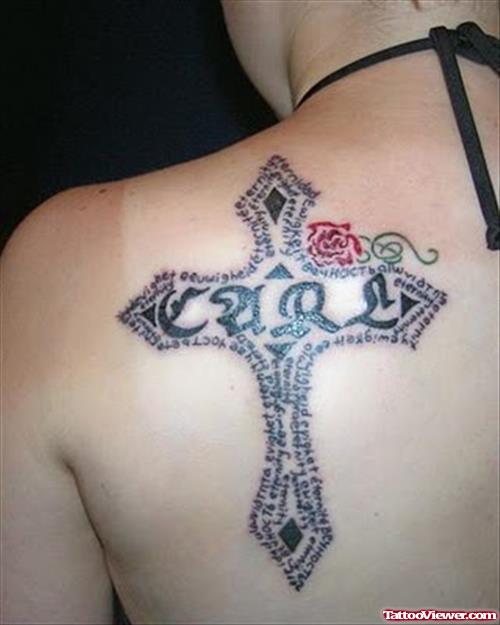 Left Back Shoulder Cross And Rose Tattoo