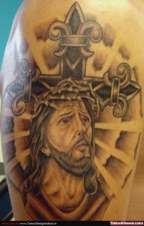 Jesus Head And Cross Tattoo On Right Shoulder