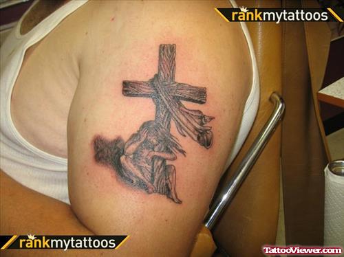 Jesus Cross Tattoo On Left Shoulder
