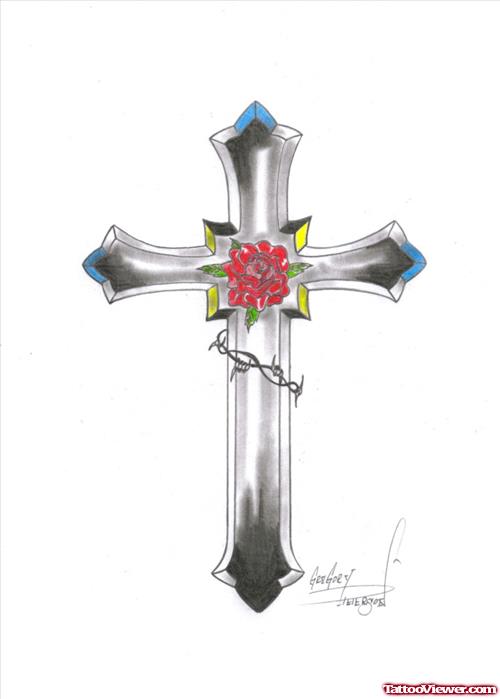 Grey Ink Cross With Red Flower Tattoo Design