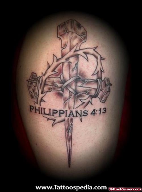 Grey Ink Cross Philippians Tattoo On Right Half Sleeve
