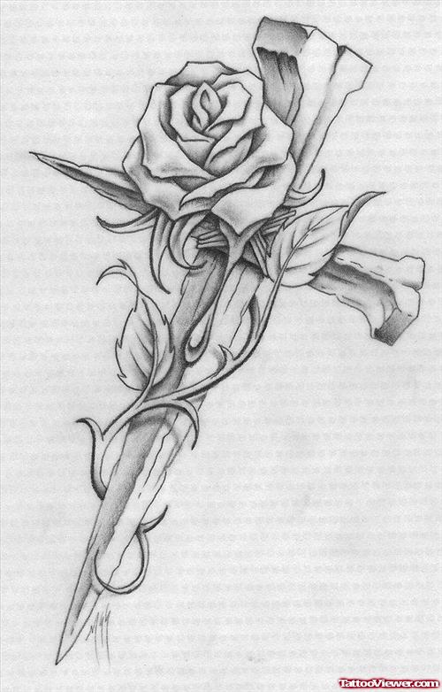 Grey Ink Cross and Rose Flower Tattoo Design