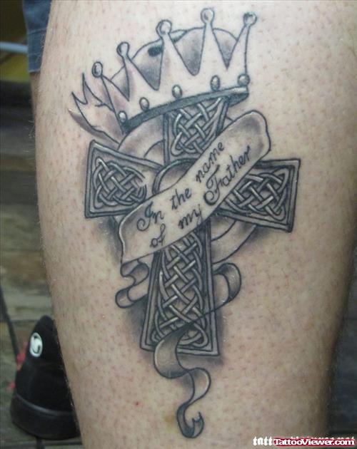 Grey Ink Celtic Crown Cross Tattoo