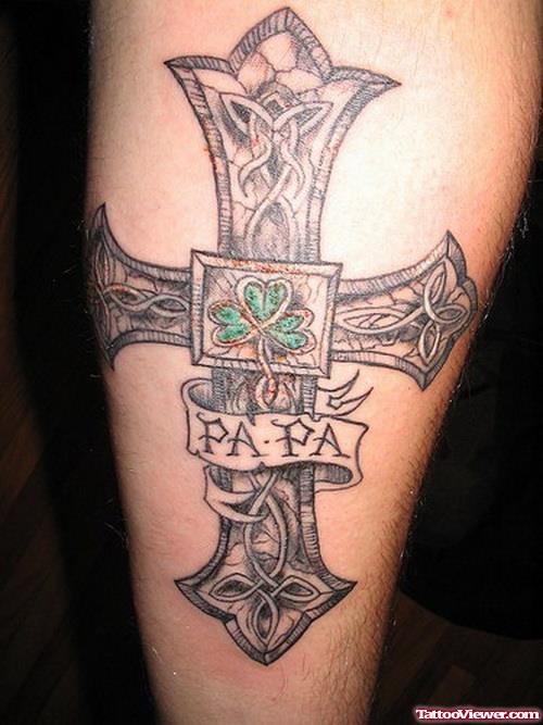 Grey Ink Celtic Cross With Papa Banner Tattoo On Leg