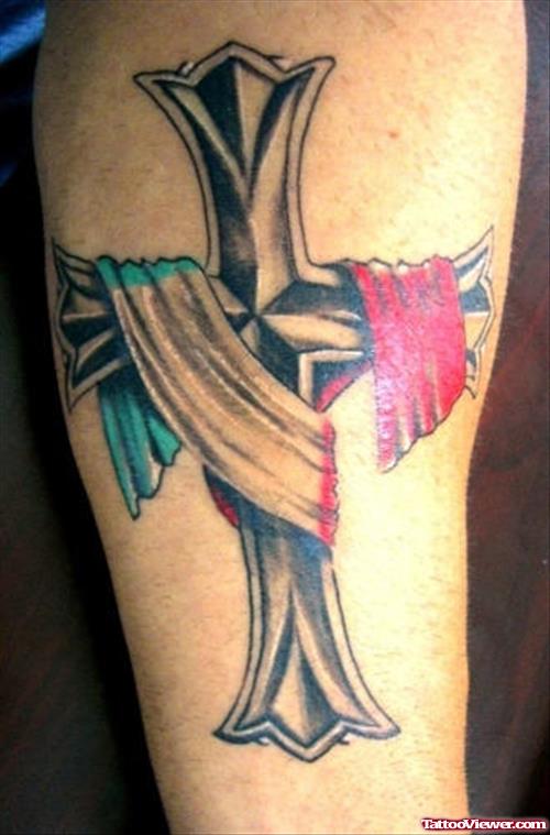 Cross with Italian Flag Color Ink Tattoo
