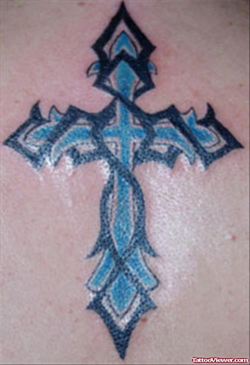 Blue Ink Tribal Cross Tattoo
