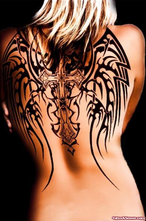 Black Ink Tribal Wings Cross Tattoo On Back
