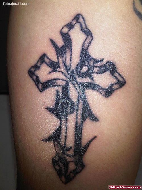 Amazing Black Ink Cross Tattoo On Half Sleeve