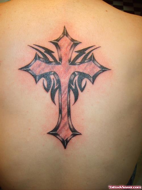 Tribal and Cross Tattoo On Right Back Shoulder
