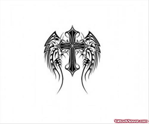 Small Tribal Winged Cross Tattoo Design