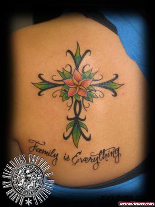 Flower Cross Tattoo On Upperback