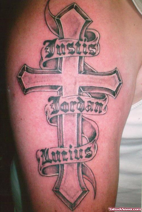 Banner And Cross Tattoo On Right Half Sleeve