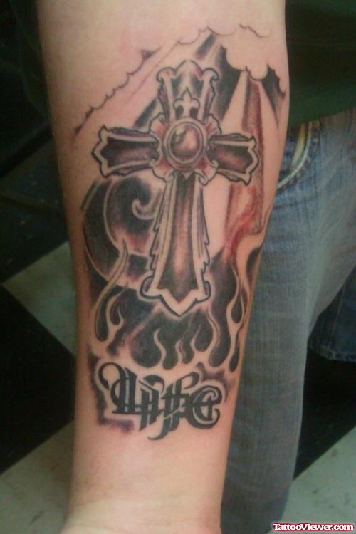 Ambigram Life And Grey Ink Cross Tattoo On Right Arm