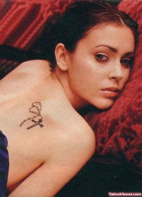 Rosary Cross Tattoo On Girl Right Back Shoulder
