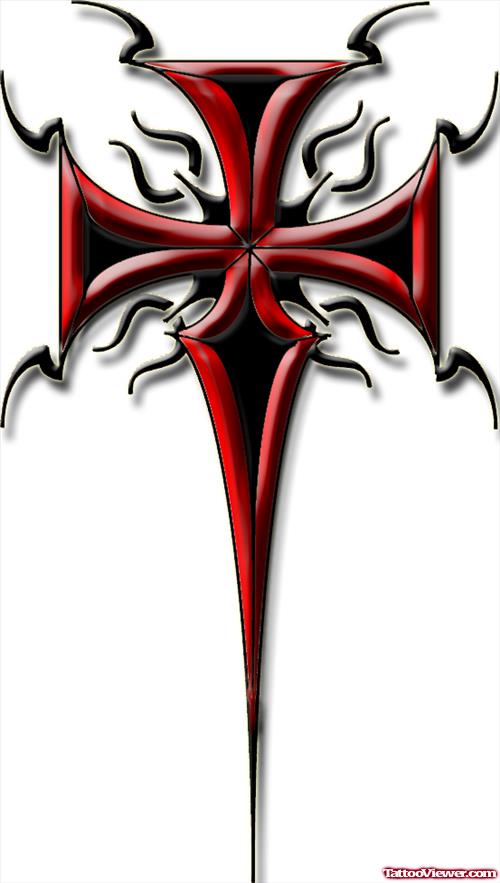 Red Ink Tribal Cross Tattoo Design