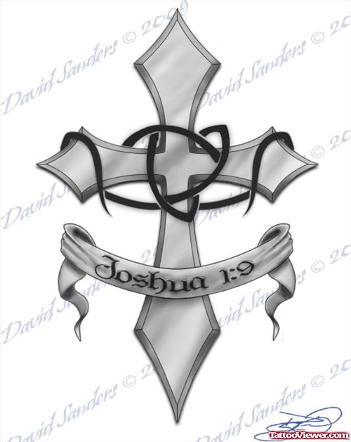 Grey Ink Cross With Tribal Tattoo Design