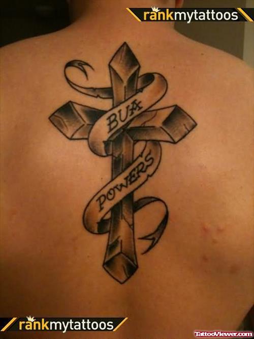 Grey Ink Banner And Cross Tattoo On Upperback