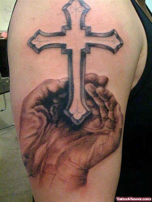 Cross In Hands Tattoo On Right Half Sleeve
