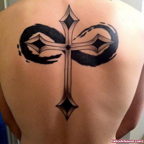 Cross And Infinity symbol Black Ink Tattoo On Back