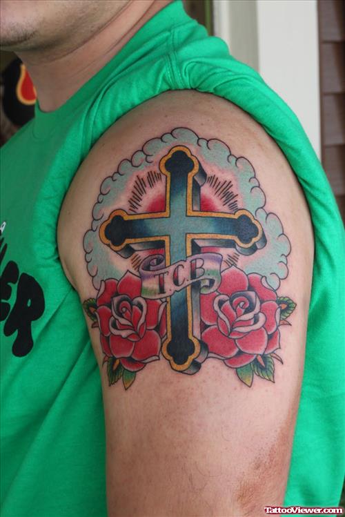 Cross And Rose Flowers Tattoo On Left Shoulder