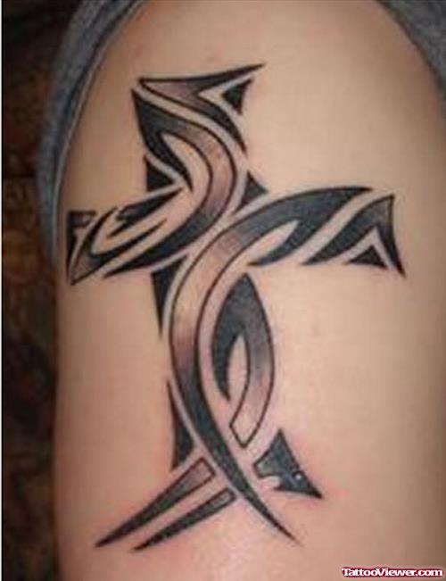 Black Ink Grey Ink Tribal Cross Tattoo On Half Sleeve