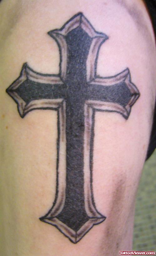 Black Ink Christian Cross Tattoo On Left Half Sleeve