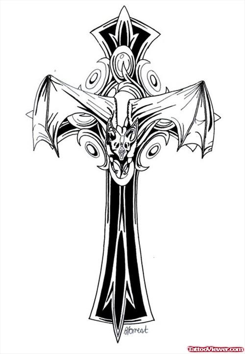 Awesome Grey Ink Devil Winged Cross Tattoo Design