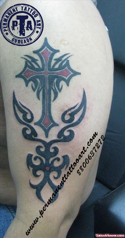 Tribal Cross Tattoo On Left Half Sleeve