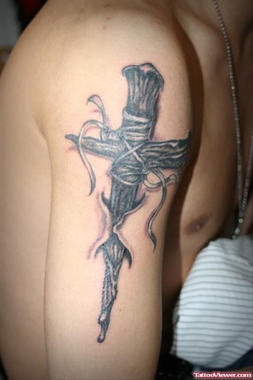 Wooden Cross Grey Ink Ripped Skin Tattoo On Right Half Sleeve