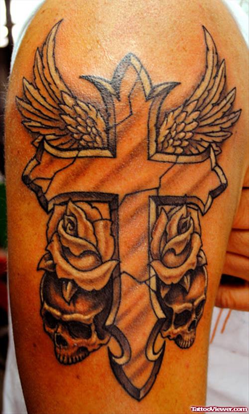 Rose Flowers And Winged Cross Tattoo On Right Half Sleeve