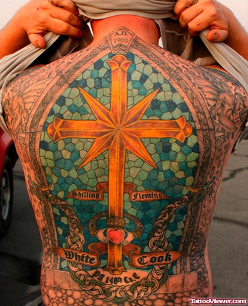 Religious Cross Tattoo On Back