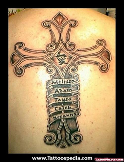 Name Banners On Cross Tattoo On Back