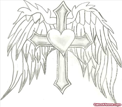 Gret Ink Angel Winged Cross And Heart Tattoo Design