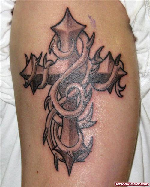 Awesome Grey Ink Cross Tattoo On Left Half Sleeve